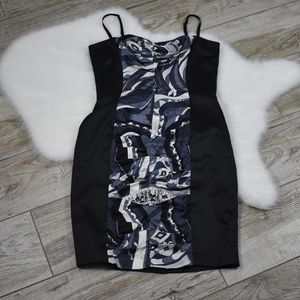 BEBE stretch Bandage Silk Dress w/paisley strip-M